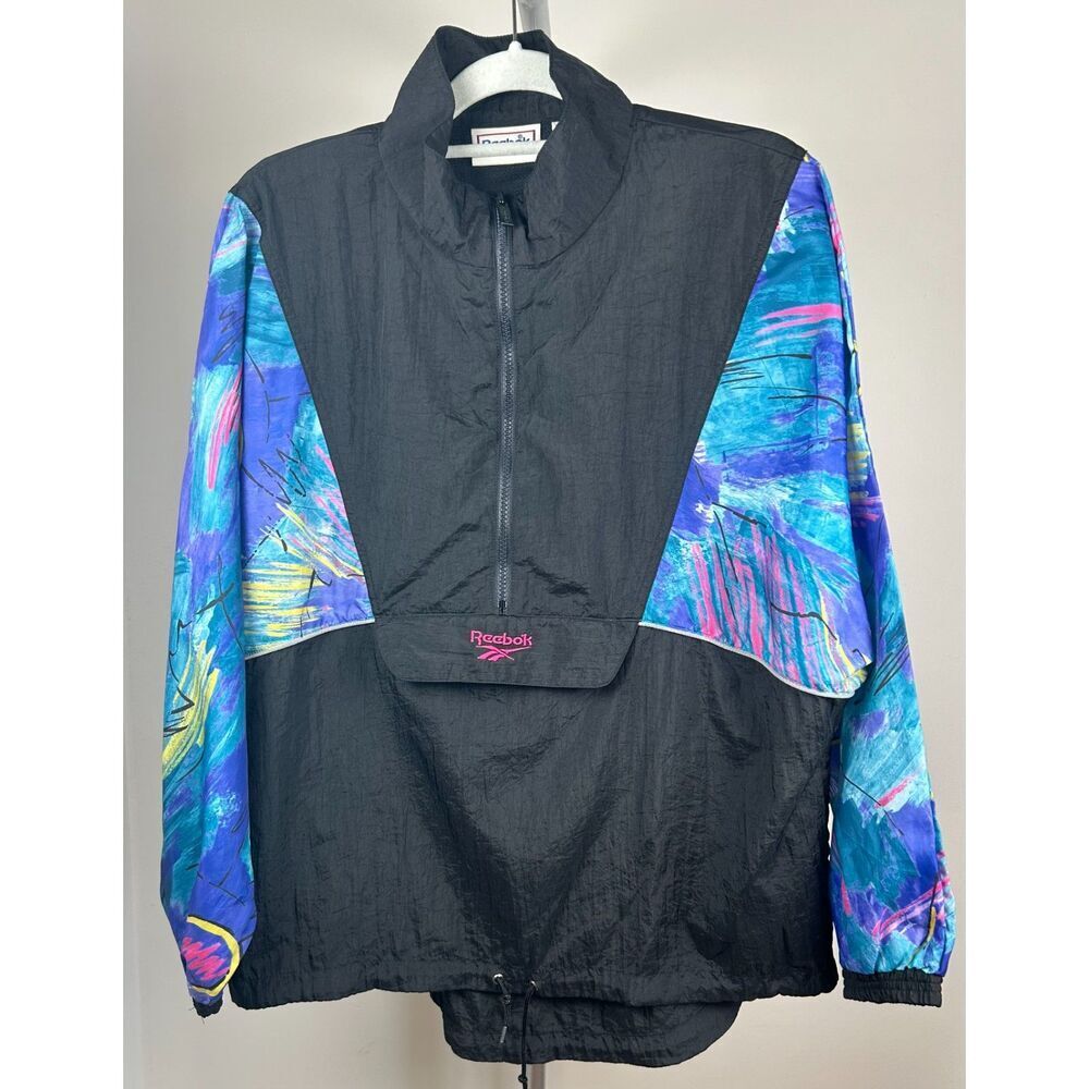 Vintage 90s Unisex Reebok Windbreaker Jacket Small Black Geometric S